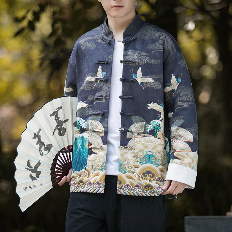 秋冬季麂皮绒夹克男款中国风仙鹤印花唐装大码潮流立领中山装外套