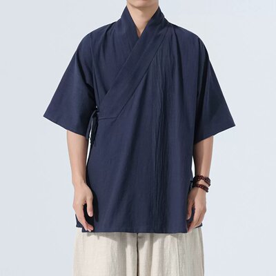 明制汉服男改良交领右衽练功服斜襟睡衣对交穿短衫日常短袖上衣夏