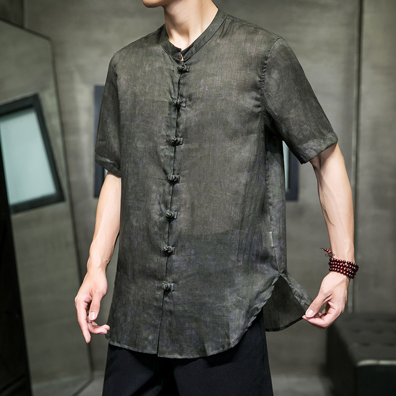 100%纯苎麻 扎染 对襟盘扣短袖衬衫男 新中式穿搭 夏季 唐装上衣