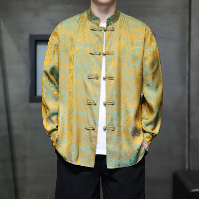 新中式唐装男中国风春秋季提花长袖衬衫复古盘扣汉服大码衬衣外套