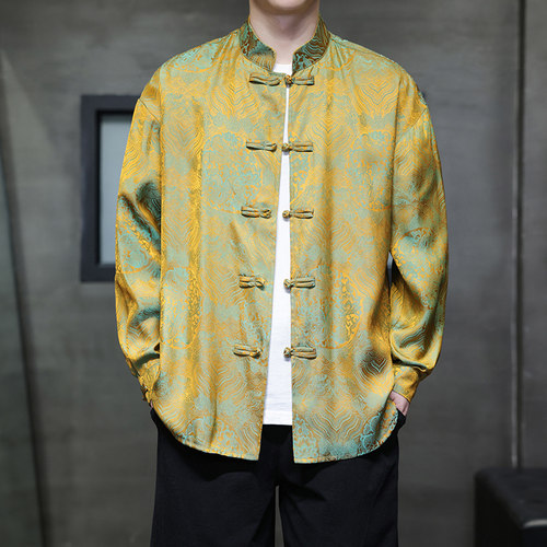 新中式唐装男中国风春秋季提花长袖衬衫复古盘扣汉服大码衬衣外套