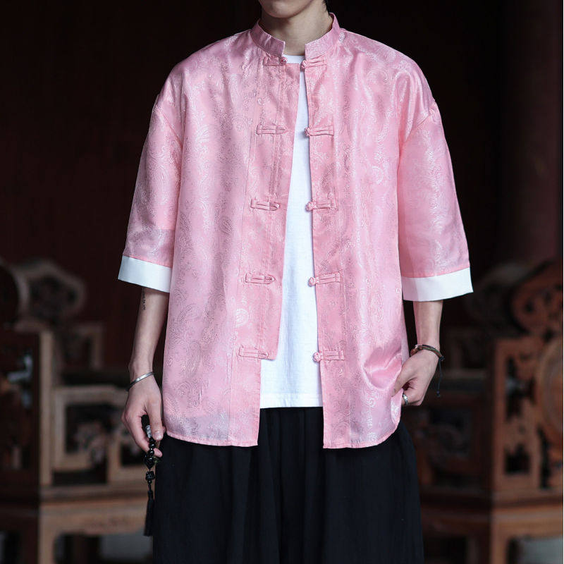 国风夏季薄款粉色新中式表演结婚兄弟团短袖衬衫古装盘扣唐装上衣