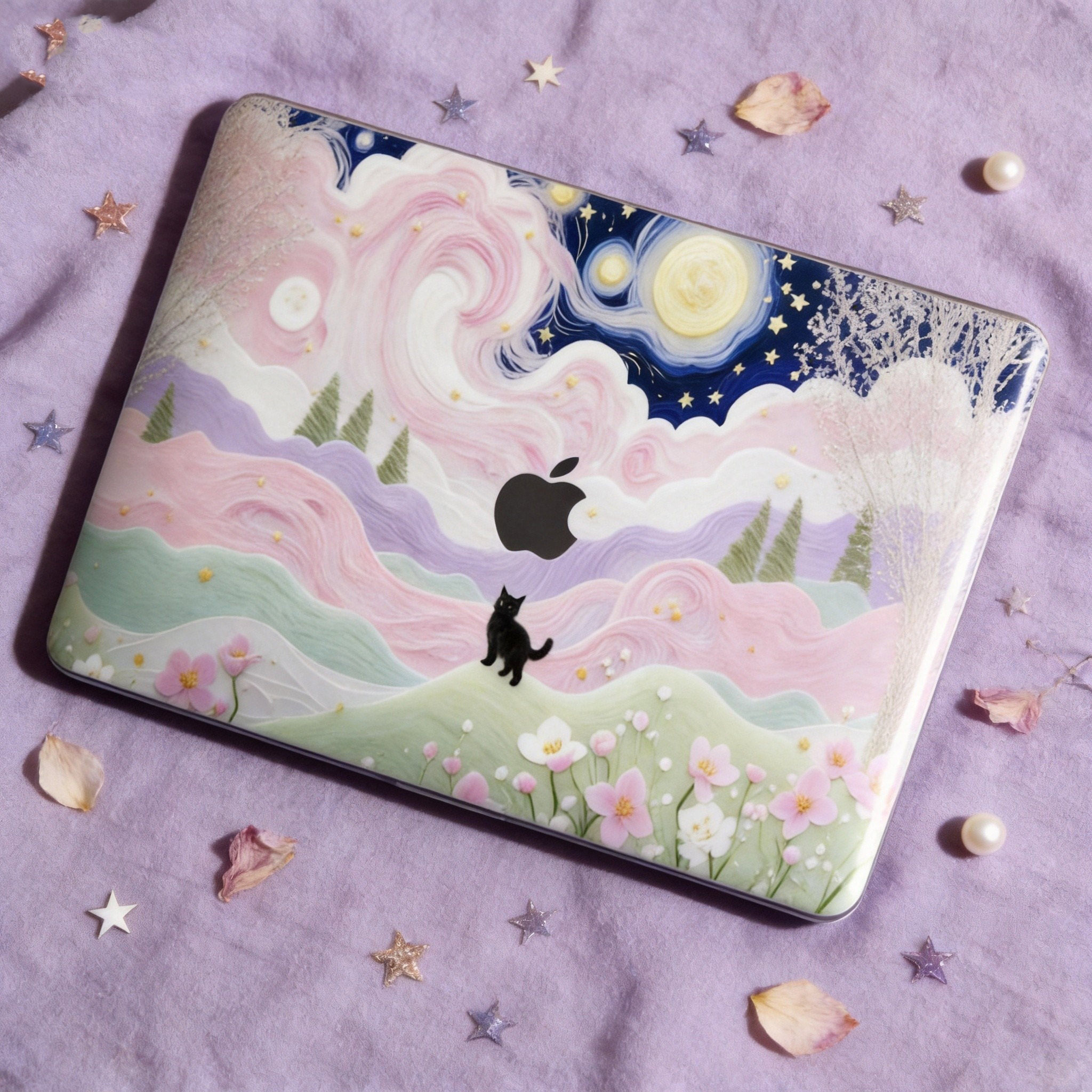苹果笔记本保护贴卡通星空小猫PVC透明贴膜Pro13.3寸定制