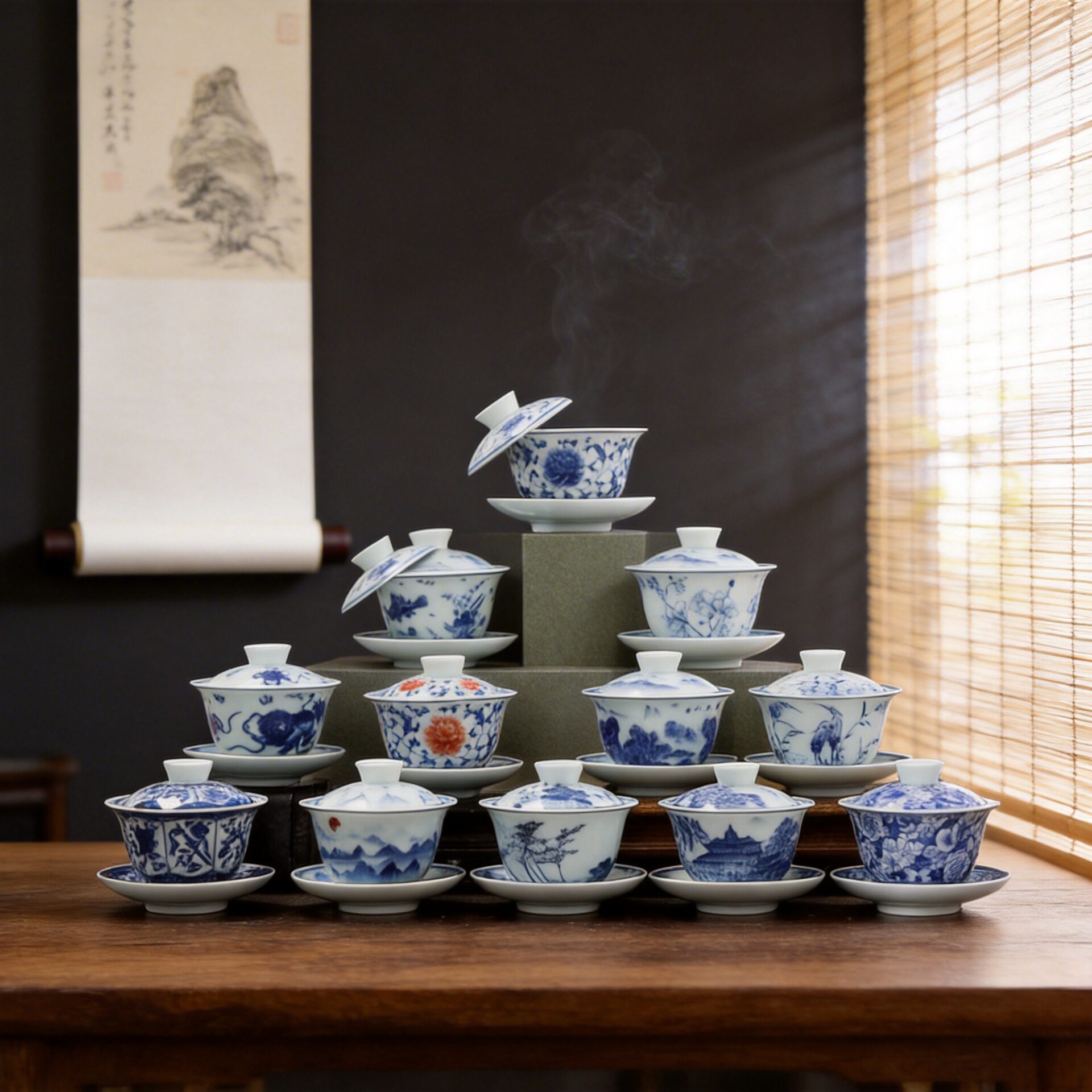 高档青花瓷茶具套装中式复古三才盖碗
