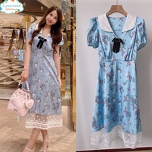 泰国设计师Lyn@round原单淡蓝色锻面碎花领结连衣长裙娃娃领蕾丝