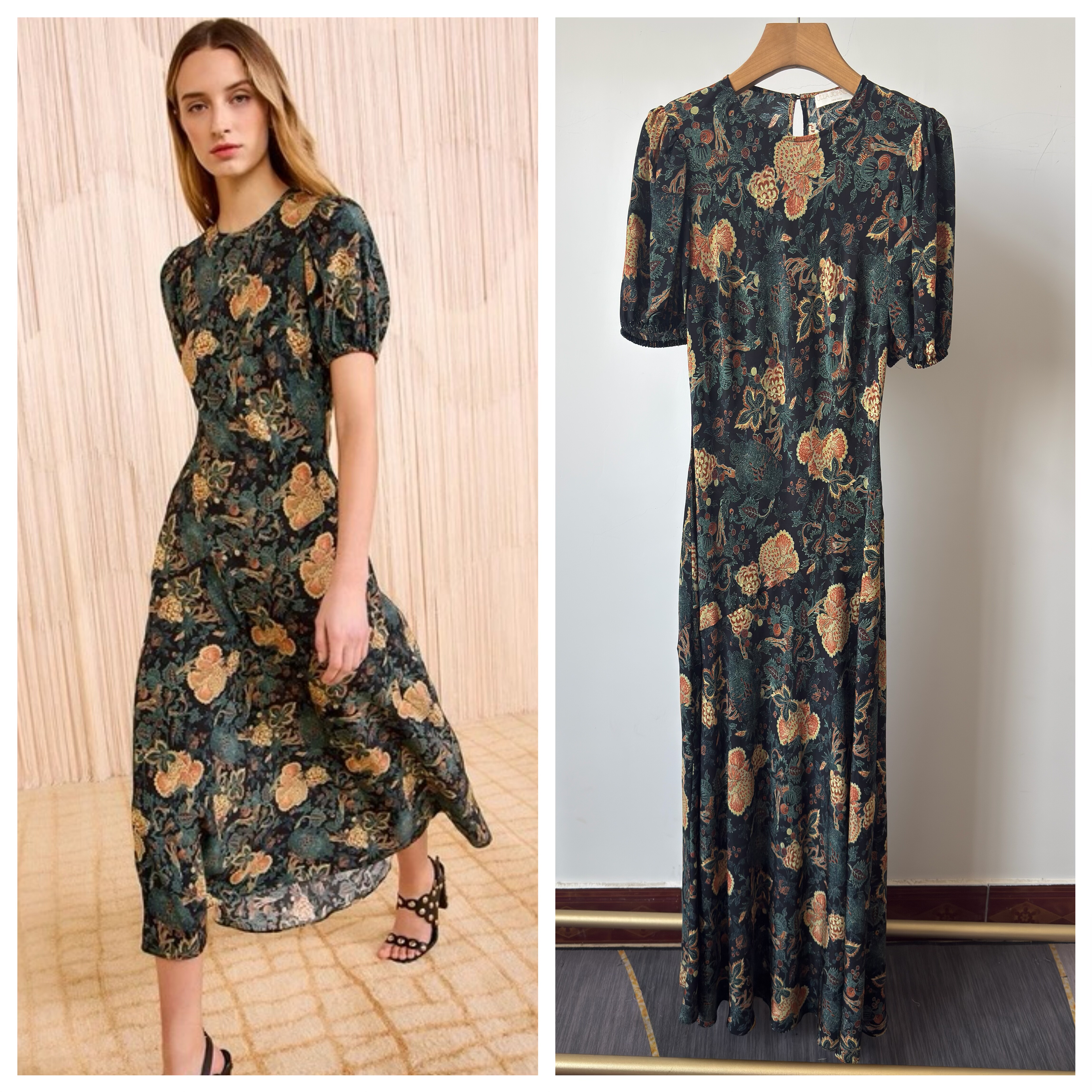 高端5000在售！25新ull@泡泡短袖真丝印花中长斜裁连衣裙