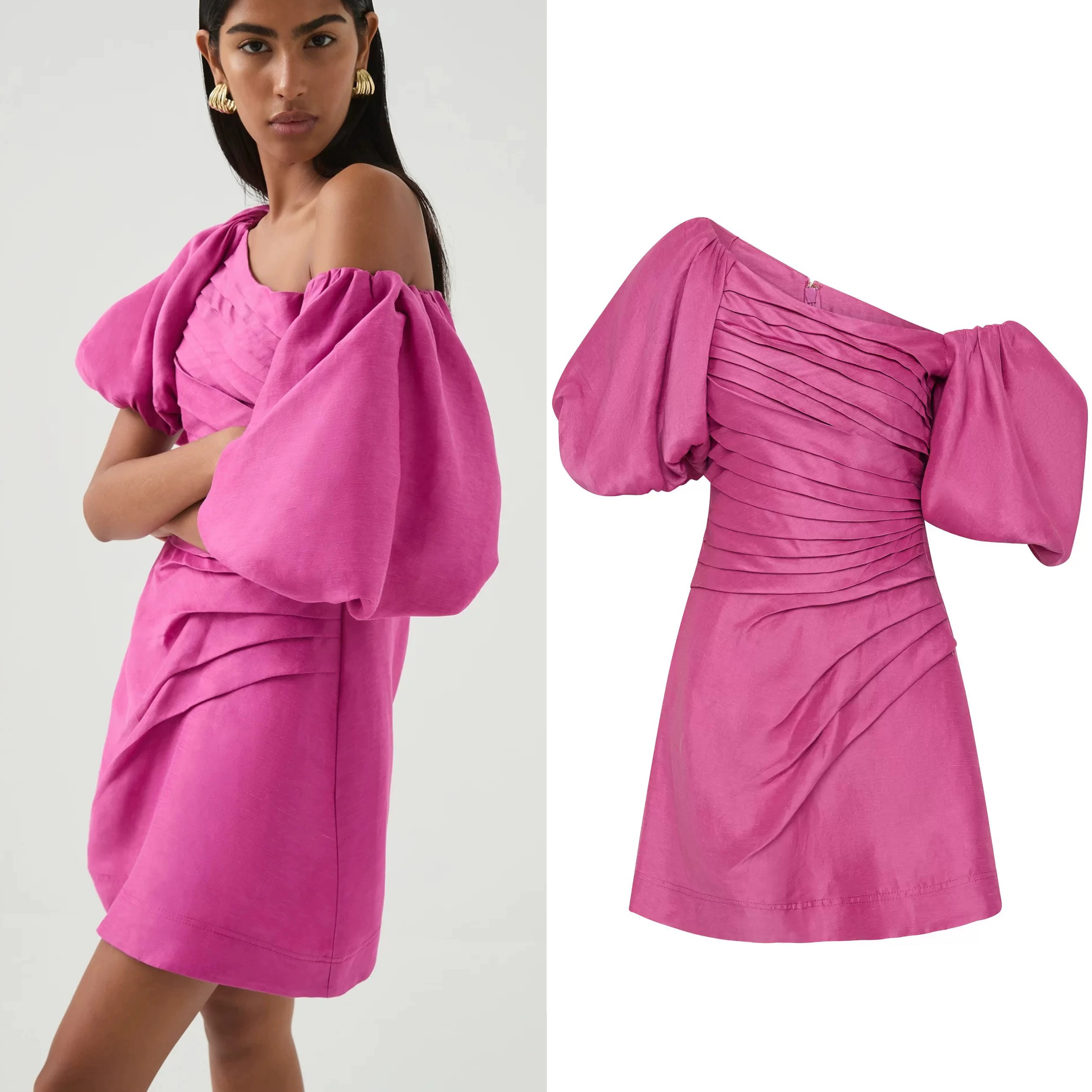 澳洲@je 设计感斜肩泡泡袖连衣裙礼服 丝麻面料