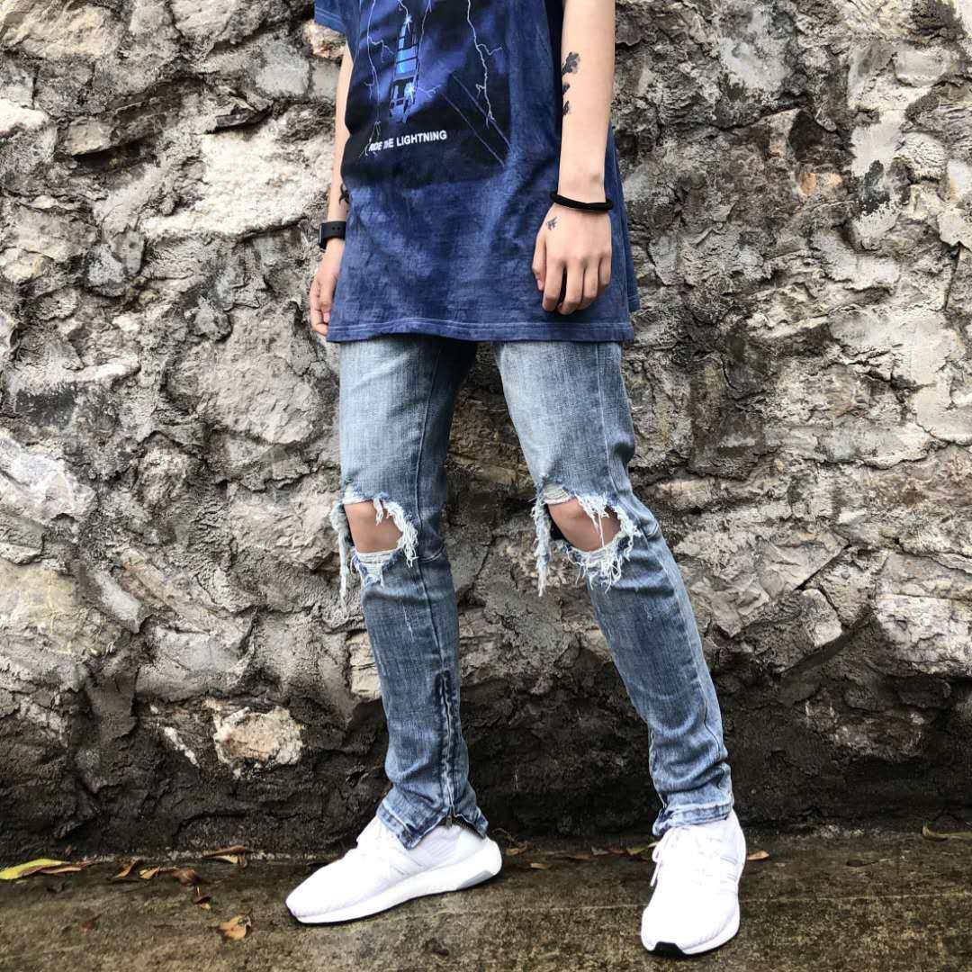 FOG风格黑色高街破洞水洗牛仔裤长裤修身小脚INS牛仔裤潮流男裤