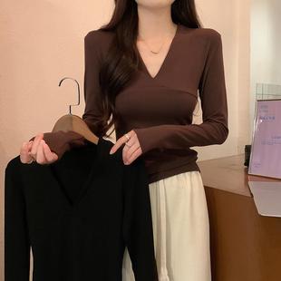 2025秋季 新款 纯色薄款 实拍1 V领打底衫 t恤女装 修身 1螺纹210G长袖
