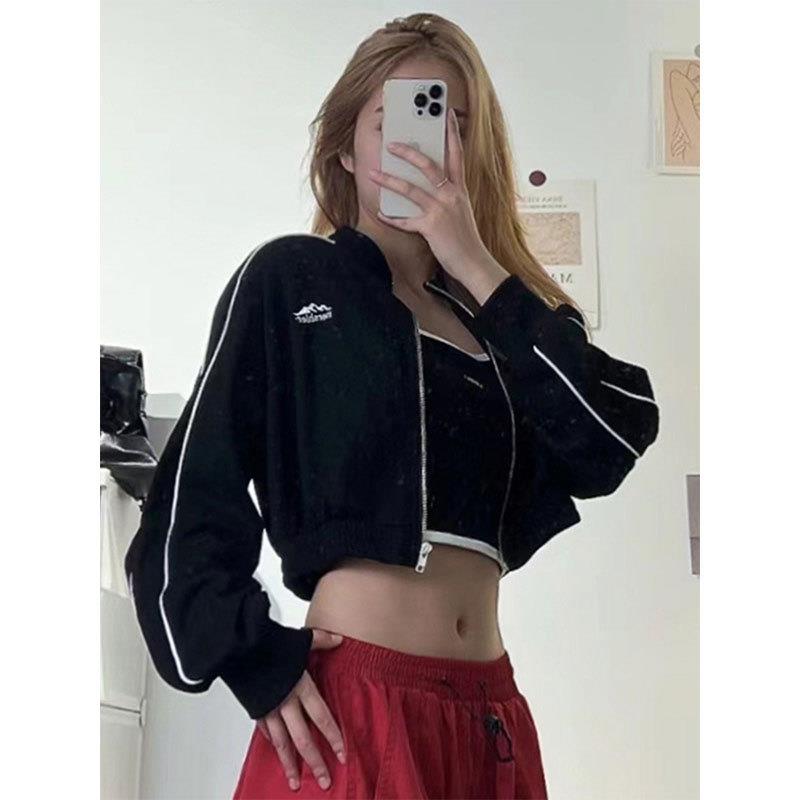 美式辣妹休闲运动小个子外套女秋季宽松显瘦复古黑色短款开衫上衣