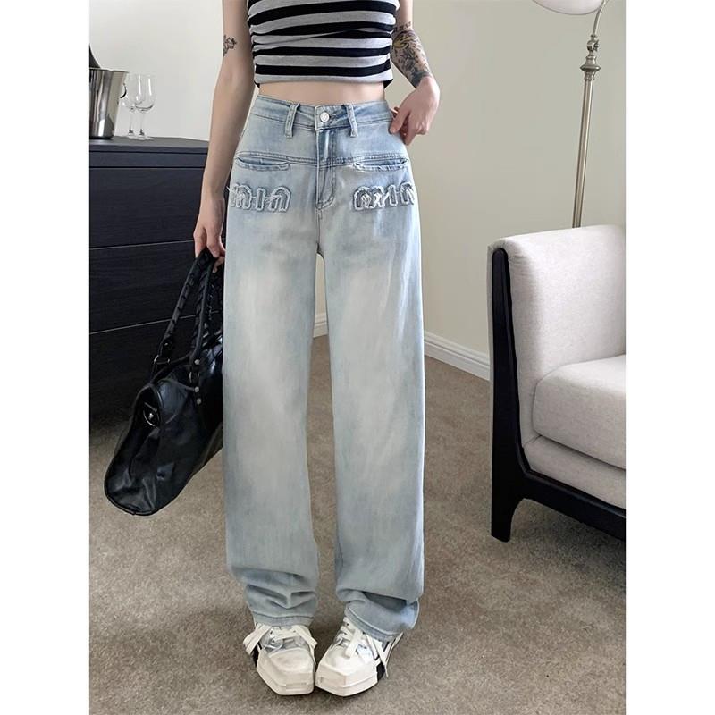 辣妹高腰牛仔长裤女秋季韩版2025新款设计感显瘦字母刺绣直筒裤子