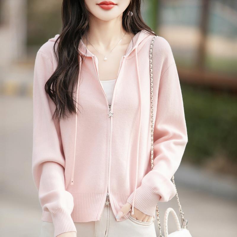 双拉链开衫早秋新款安迪绒连帽卫衣新款针织上衣女式外套时尚毛衣