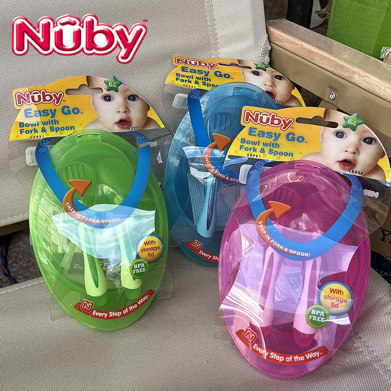 美国原装进口Nuby努比儿童辅食吸盘碗带勺子宝宝餐具防滑防摔便携