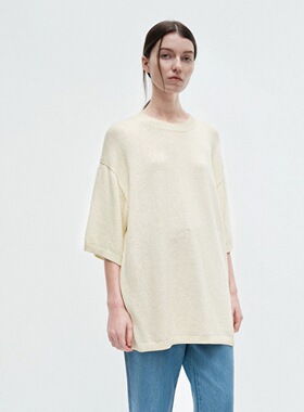 facade pattern亚麻和纸纱混纺针织短袖女透气宽松五分袖阔版T