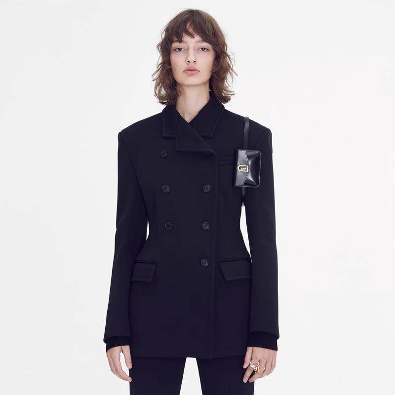 毛呢外套黑色修身双排扣上衣