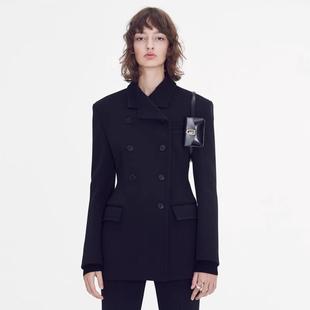 facade pattern毛呢外套女秋冬韩国设计黑色修身双排扣上衣外套