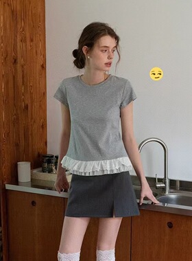 facade pattern蕾丝花边拼接T恤女甜美公主风正肩显瘦圆领短袖