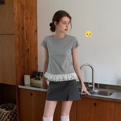 蕾丝花边拼接T恤显瘦圆领短袖