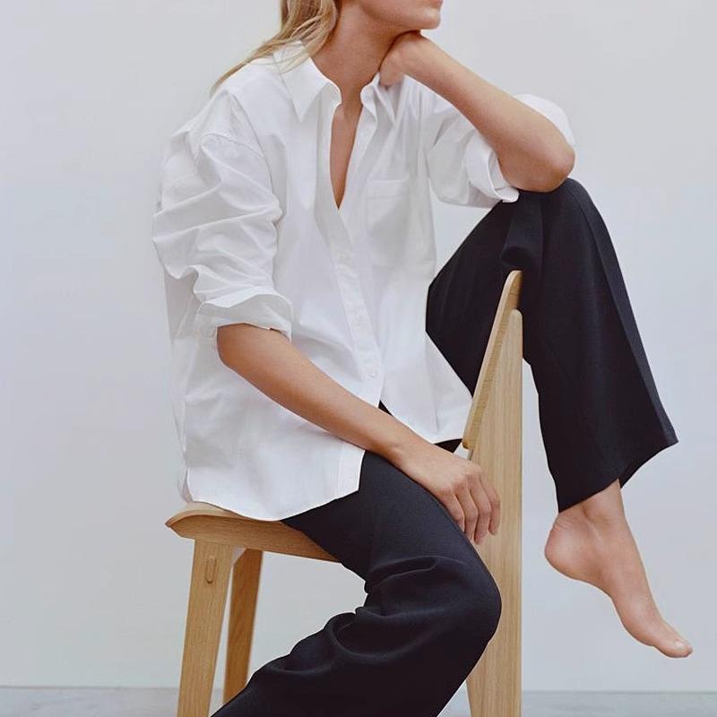 春夏小众落肩袖衬衣长袖纯棉气质