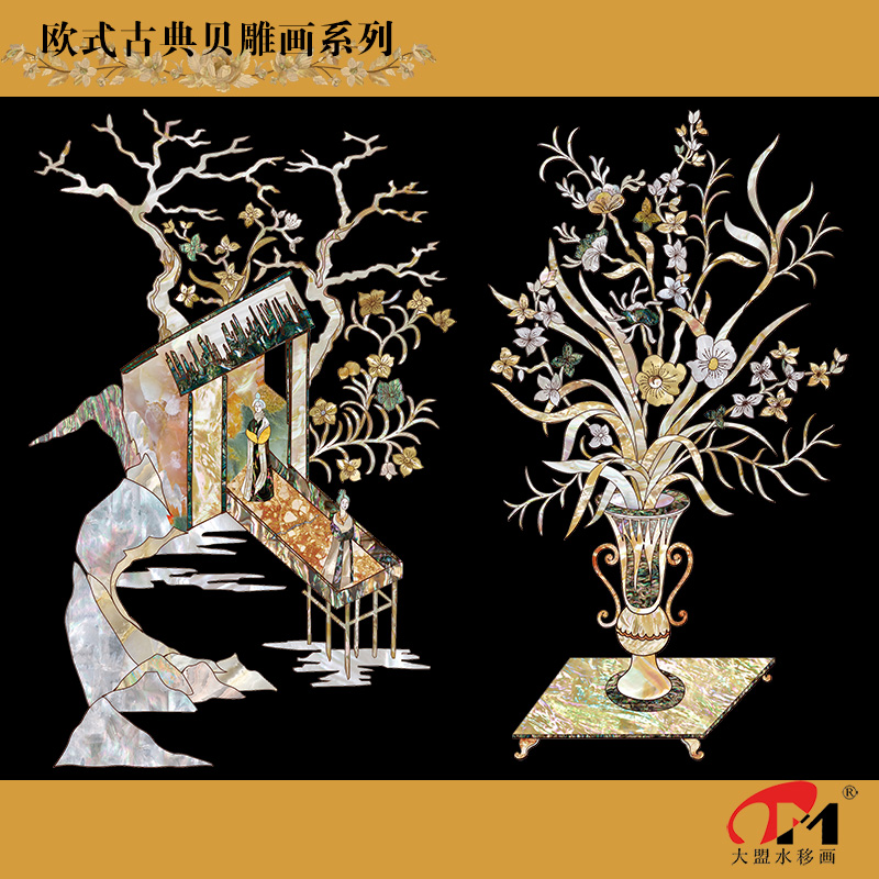 欧式中古风螺钿贴水移画橱柜立柜