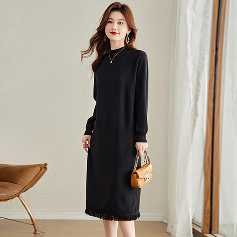2024秋冬新款配大衣内搭针织衫连衣裙宽松长款过膝半高领毛衣裙