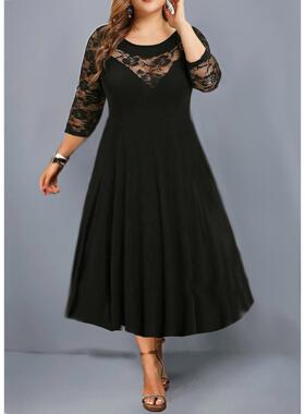 Black lace stitching big yards dress party dress 大码连衣裙