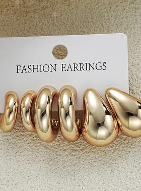 Metal earring set 3 pieces金色金属耳环复古水滴形套装3件套