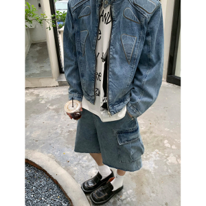 R1DGE水洗大口袋美式休闲牛仔裤男女宽松做旧复古水洗工装五分裤