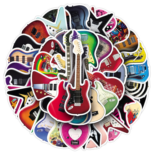 50张电吉他贴纸乐器卡通图案防水装饰拉杆箱头盔相册衣柜滑板贴纸