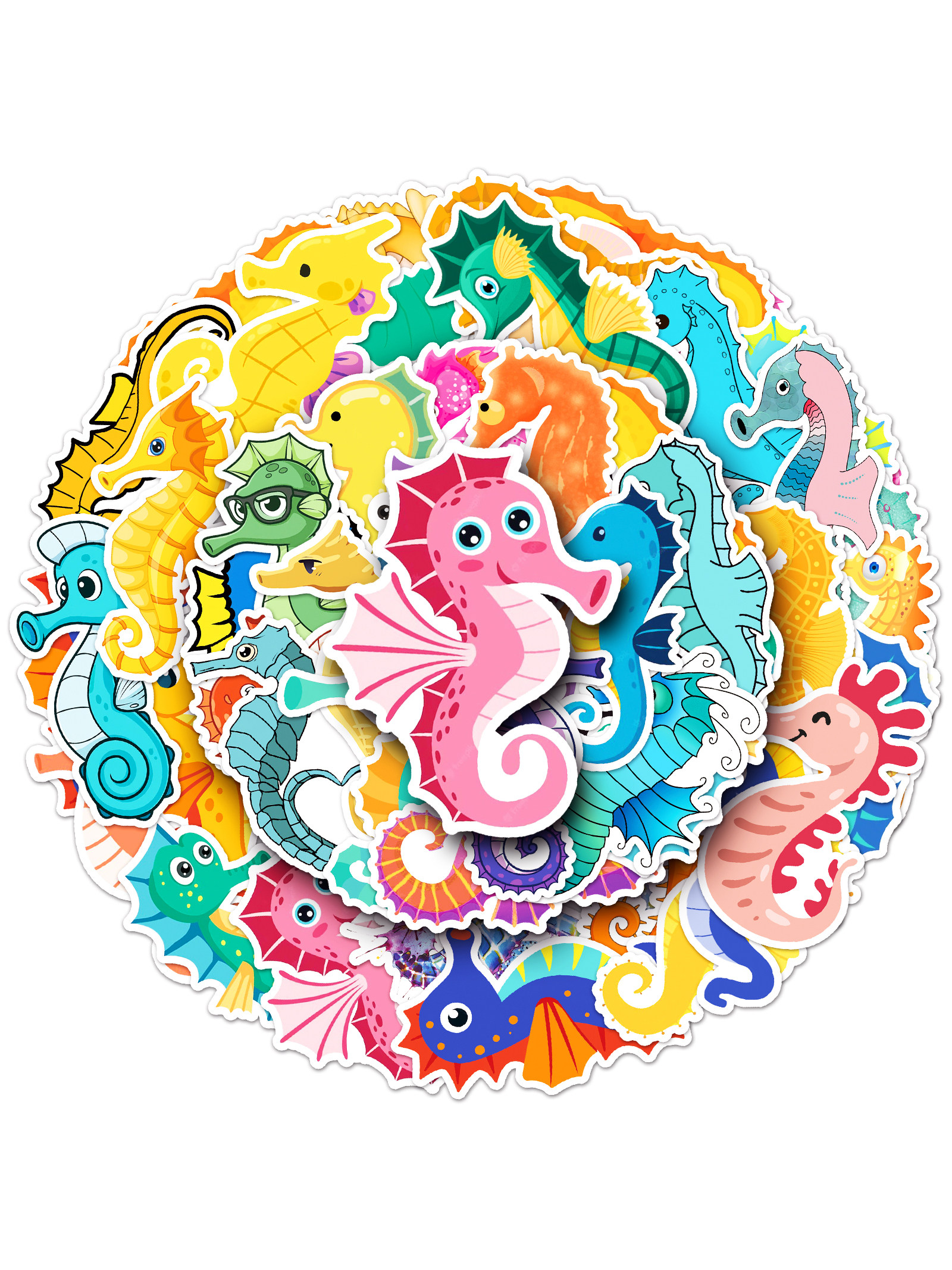 50张海马卡通动物海洋系贴纸防水可滴胶手账本咕卡素材奶茶杯装饰
