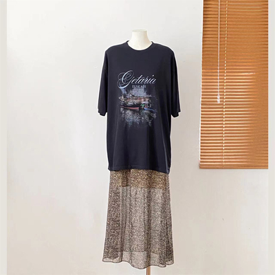 opening自制 巴黎图鉴 大pai感卡通印花宽松短袖TEE豹纹半裙套装