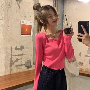 T恤女秋季 ins短款 2025新款 小众设计感针织衫 上衣潮 修身 玫红色长袖