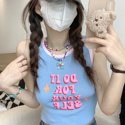 蓝色宽肩带吊带背心女夏无袖多巴胺外穿泰式演唱会穿搭甜辣妹上衣