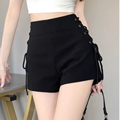女夏季 2026新款 辣妹修身 黑色高腰短裤 显瘦百搭设计感弹力绑带热裤