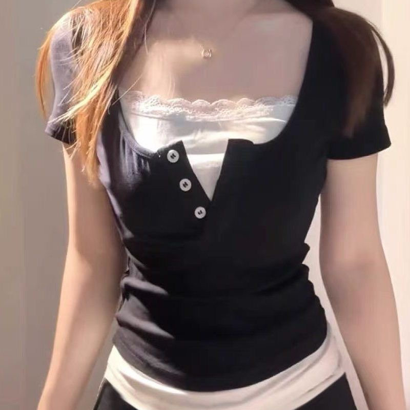 大码胖mm蕾丝拼接假两件短袖t恤女夏2026新款正肩修身短款V领上衣,女装/女士精品,T恤,淘宝优惠券,粉丝福利购,淘宝优惠卷