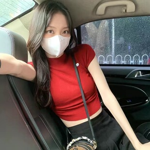 韩版女装红色t恤女短袖短款紧身辣妹上衣夏装辣妹修身正肩体恤