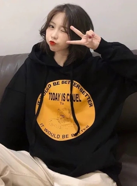 waitmore港风长袖卫衣女秋冬加绒加厚外套韩版ins潮学生宽松上衣