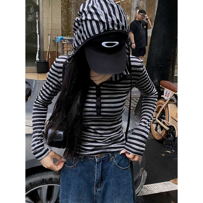 条纹连帽长袖T恤女早秋季