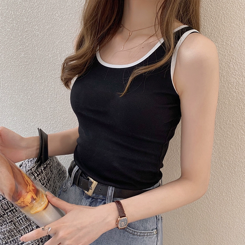 Phụ nữ mặc vest nhỏ kiểu Hyuna mặc áo lửng mschf, hương vị Hồng Kông, mặc thể thao hợp thời trang, áo không tay khoét sâu xuống phố mùa hè - Áo ba lỗ