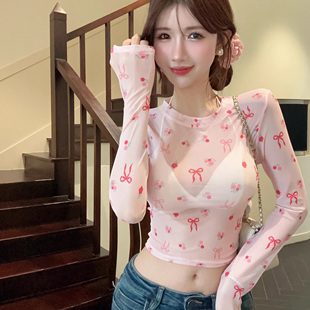 纯欲甜辣妹性感短款 小上衣女夏季 多巴胺粉色网纱透视长袖 防晒罩衫