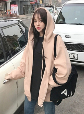 韩国秋冬季简约cec灰色卫衣女连帽拉链外套宽松学生加绒运动上衣