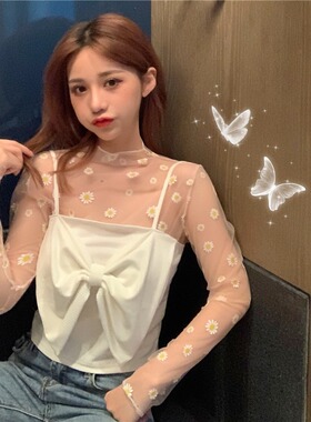 上衣女韩版温柔风泫雅紫色小雏菊蕾丝打底衫仙气雪纺内搭防晒网纱