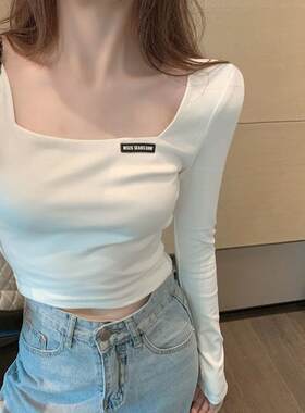 网红气质方领刺绣长袖T恤女
