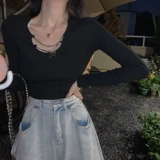 Осенняя короткая футболка для школьников, приталенный базовый лонгслив для отдыха, в корейском стиле, V-образный вырез