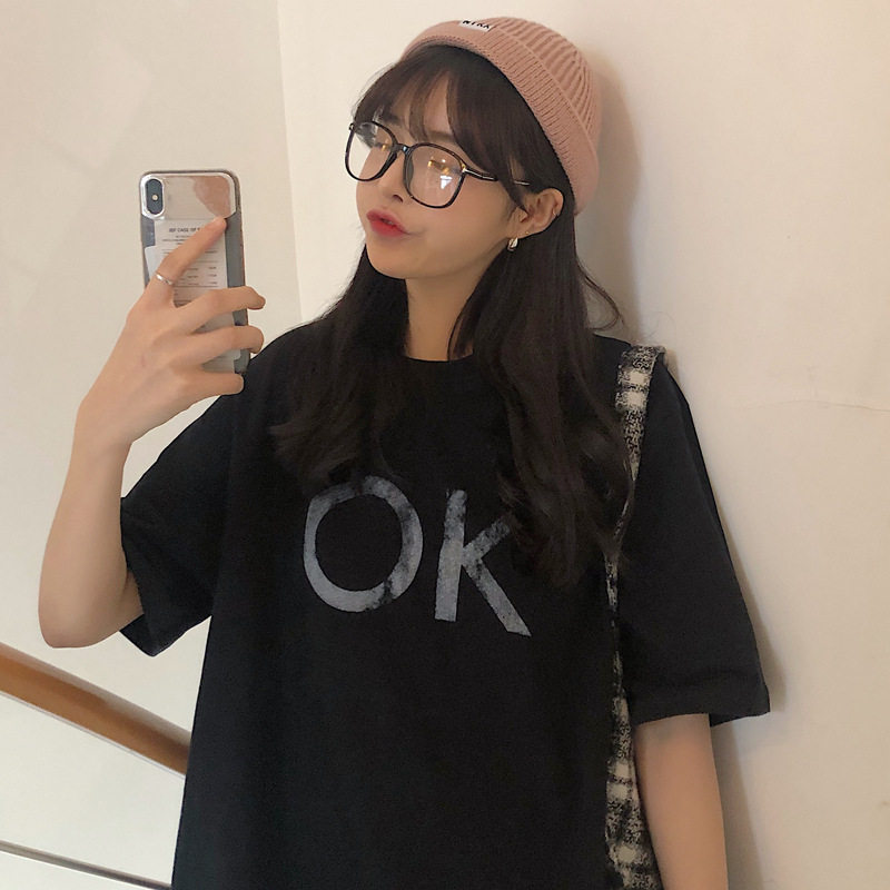 网红超火ins短袖黑色t恤女原宿风百搭宽松韩版少女感chic港味上衣