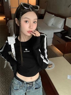 显瘦内搭外穿短款 辣妹黑色长袖 修身 女早春新款 T恤上衣潮ins 打底衫