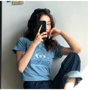 泫雅风ins短袖T恤女夏装新款潮韩版网红高腰修身短款半袖百搭上衣