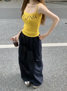 甜辣美式黄色吊带女夏季新款复古辣妹内搭小背心外穿短款小众上衣