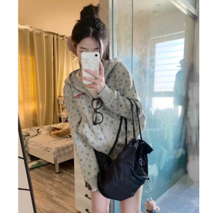 美式刺绣小碎花连帽卫衣女初秋穿搭宽松慵懒拉链开衫短款外套秋装