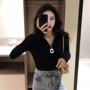 秋冬新款学生女韩版chic半高领圆环拉链修身长袖打底针织衫上衣潮
